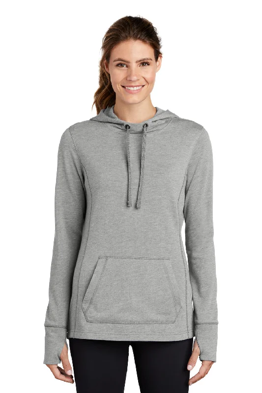 Sport-Tek Womens Moisture Wicking Fleece Hooded Sweatshirt Hoodie w/ Pouch Pocket - Heather Light Grey