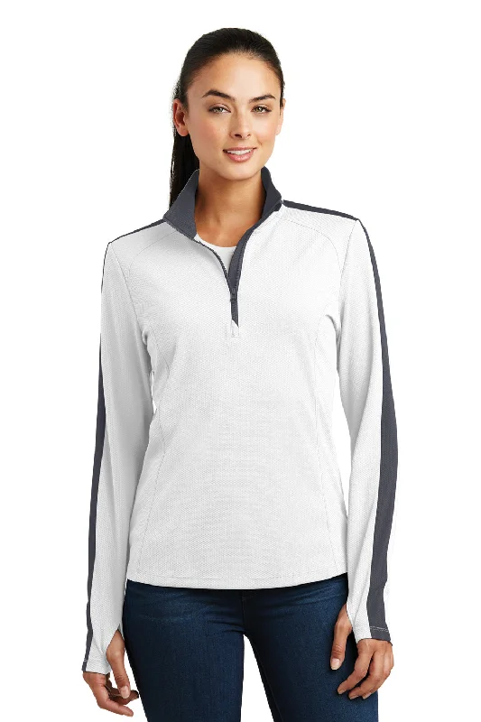 Sport-Tek Womens Sport-Wick Moisture Wicking 1/4 Zip Sweatshirt - White/Iron Grey - Closeout