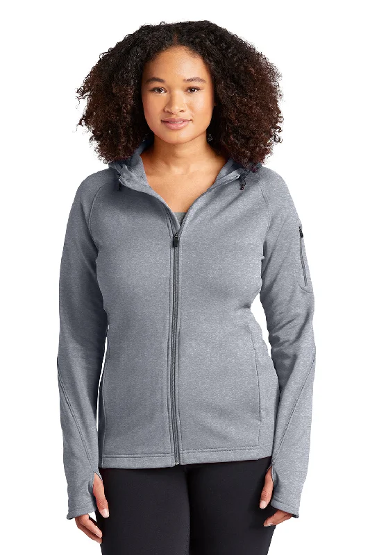 Sport-Tek Womens Tech Moisture Wicking Fleece Full Zip Hooded Sweatshirt Hoodie w/ Pockets - Heather Grey