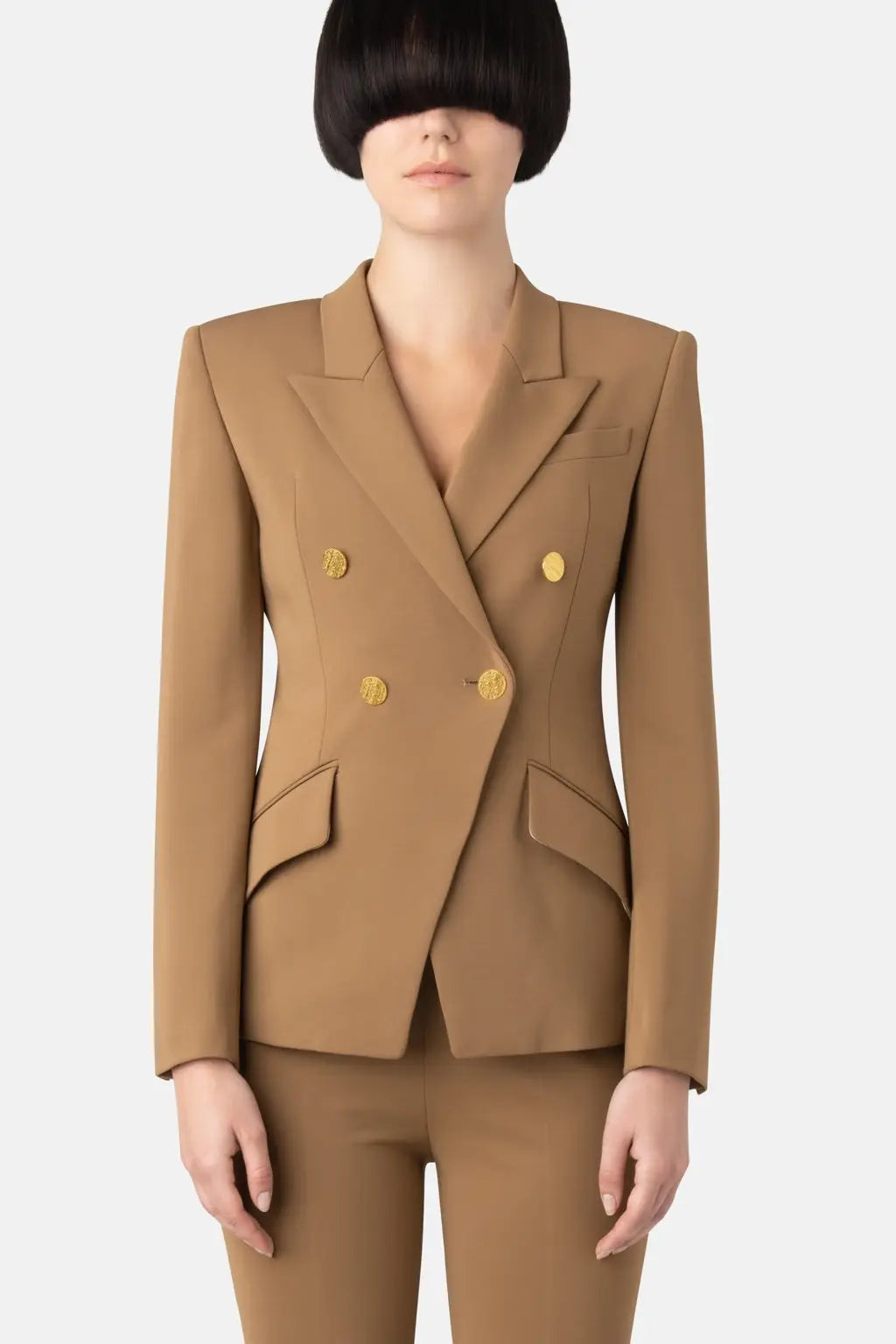 Super Matte Jersey Fitted Double-Breast Blazer - Camel