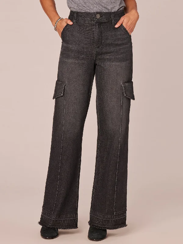 "Ab"solution Black Denim Skyrise Released Fray Hem Cargo Wide Leg Jeans