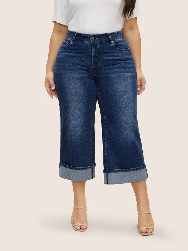 Dark Wash Roll Hem Cropped Wide Leg Jeans