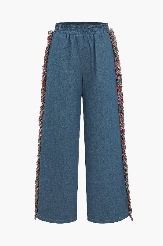 Denim Shirred Waistband Fringe Pocket Jeans