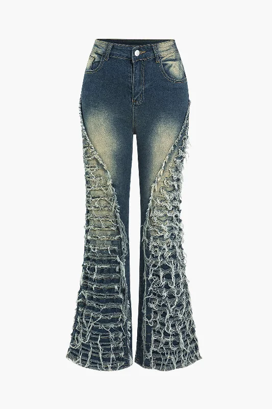 Faded Denim Fringe Flared Jeans