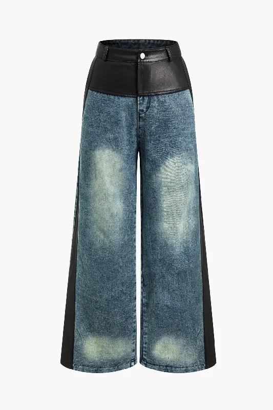 Faux Leather Patchwork Wide Leg Jeans