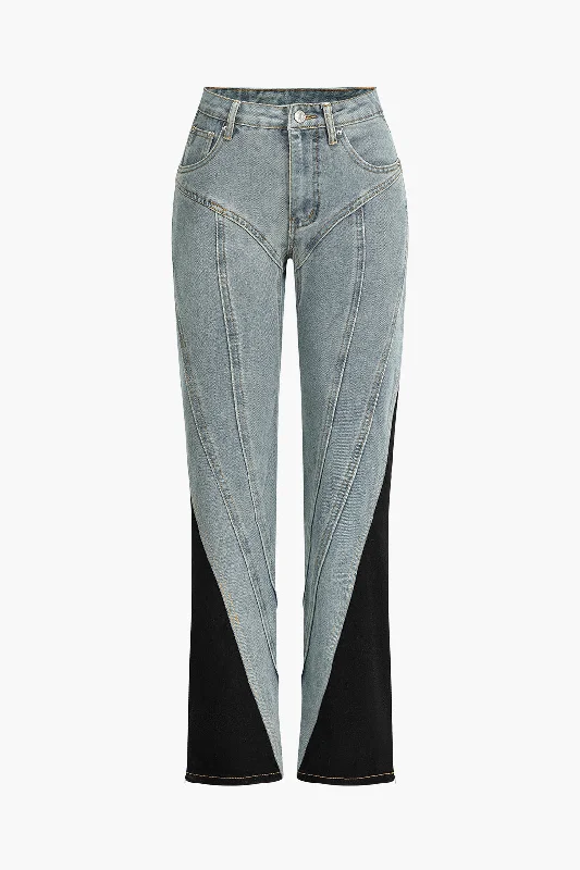 Denim Patchwork Straight Leg Jeans