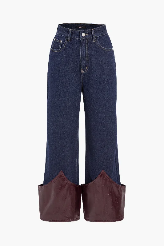 Patchwork Denim Faux Leather Wide Leg Jeans