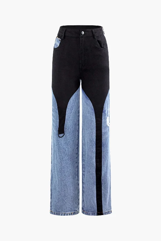 Denim Patchwork Straight Leg Jeans