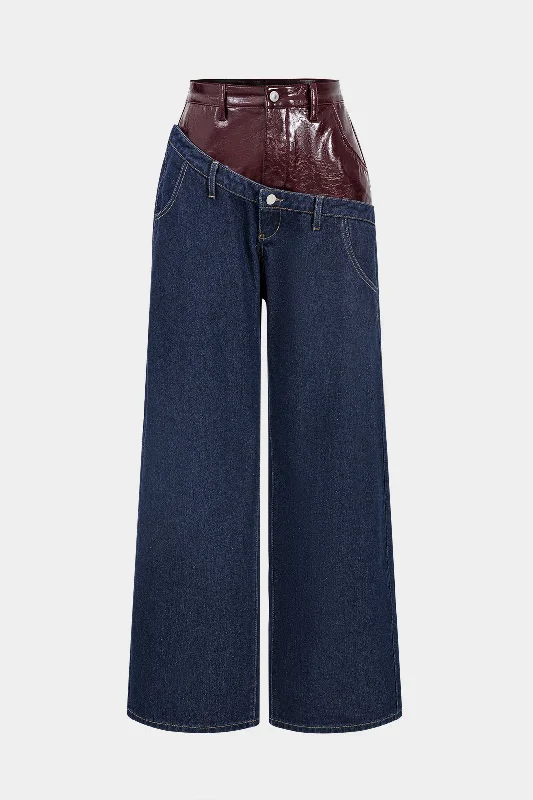 Patchwork Faux Leather Wide Leg Jeans