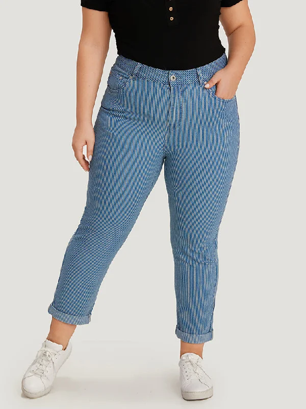 Striped Print Roll Hem Zipper Fly Jeans