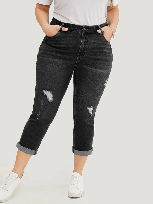 Very Stretchy  Dark Wash Roll Hem Cropped Jeans