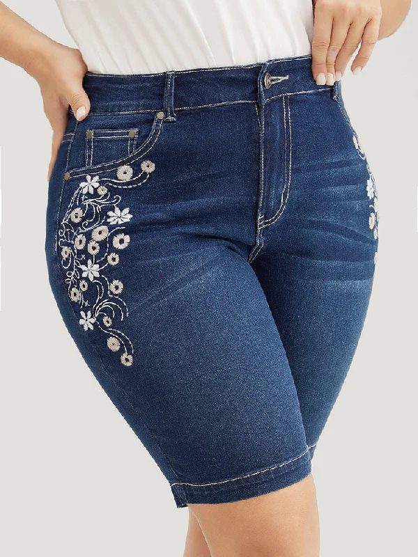 Very Stretchy High Rise Dark Wash Floral Embroidered Denim Shorts