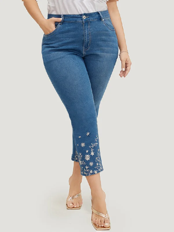 Very Stretchy High Rise Medium Wash Embroidered Hem Jeans