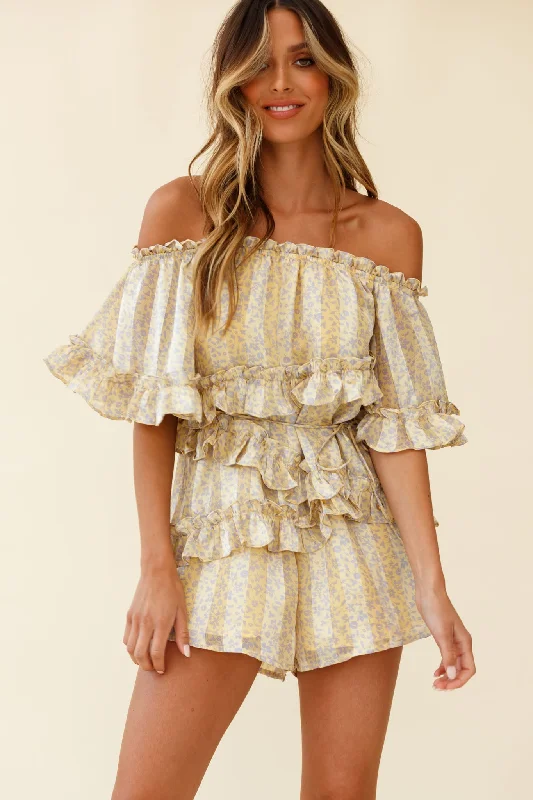 Astoria Bardot Neckline Frill Romper Floral & Stripe Print Yellow