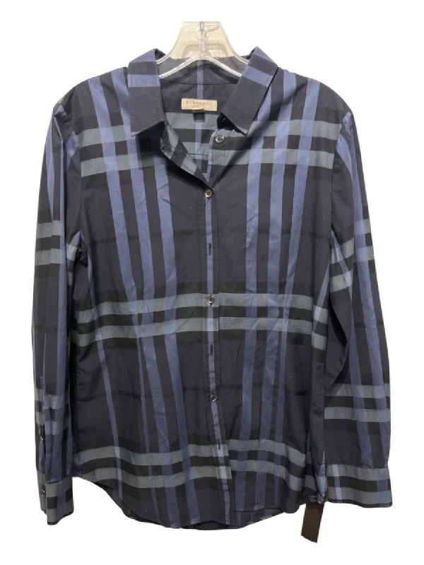 Burberry Size 8 Blue & Black Cotton Novacheck Button Up Long Sleeve Collar Top