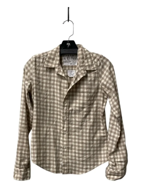 Frank & Eileen Size XS Tan & Ivory Cotton Checked Buttondown Collar Top