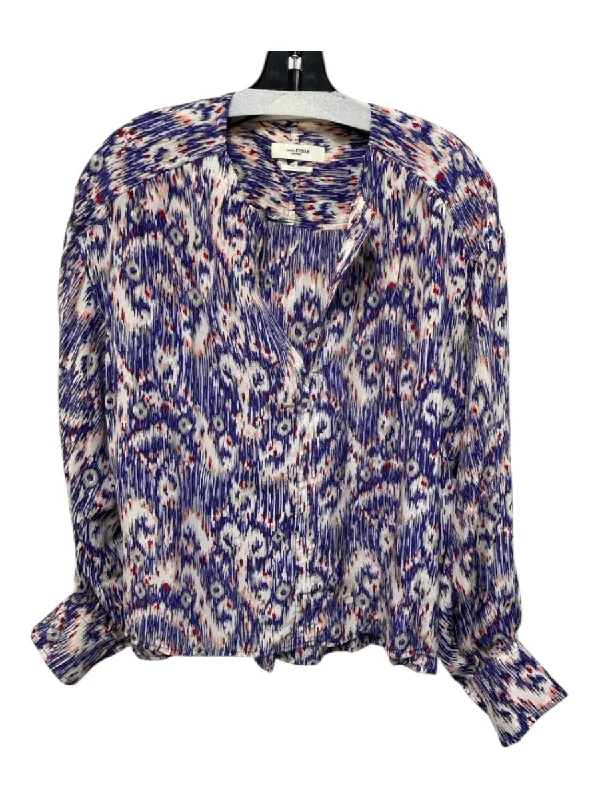 Isabel Etoile Marant Size 34 Purple & Multi Silk V Neck Long Sleeve Abstract Top