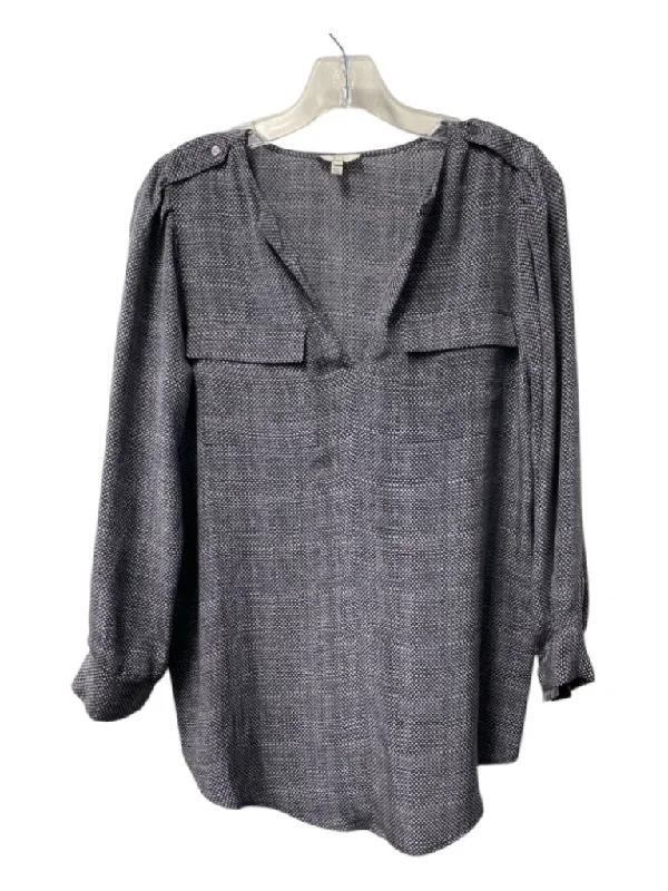 Joie Size XS Gray & Black Silk V Neck Long Sleeve Front Pockets Top