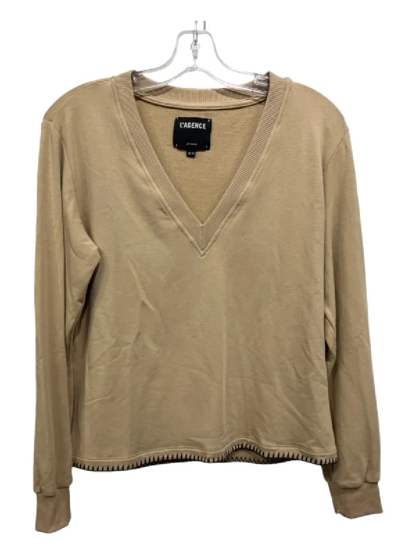 L'agence Size M Tan Cotton Blend V Neck Long Sleeve Top