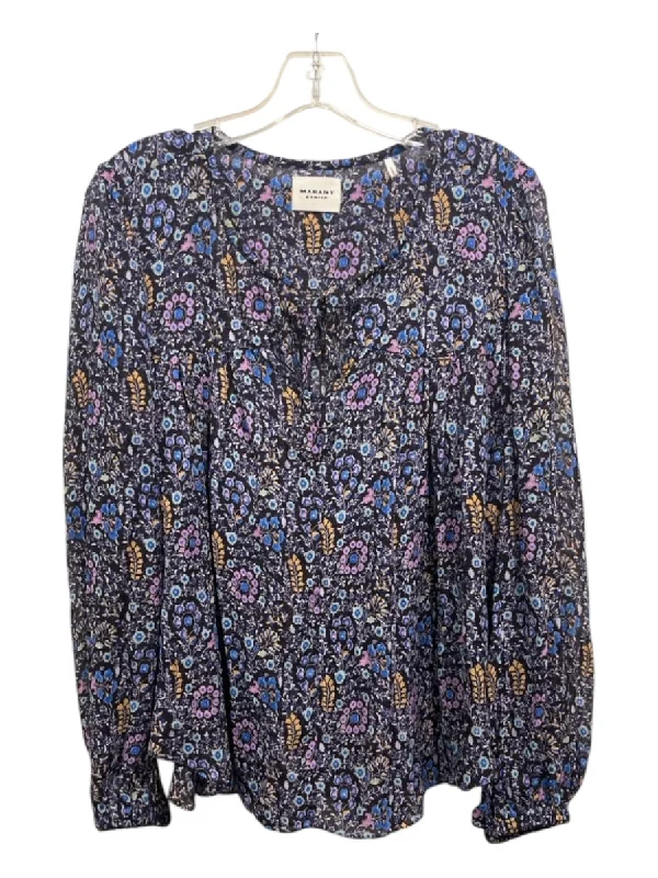 Marant Etoile Size 38 Blue & Purple Print Viscose Floral Tie V Neck Top