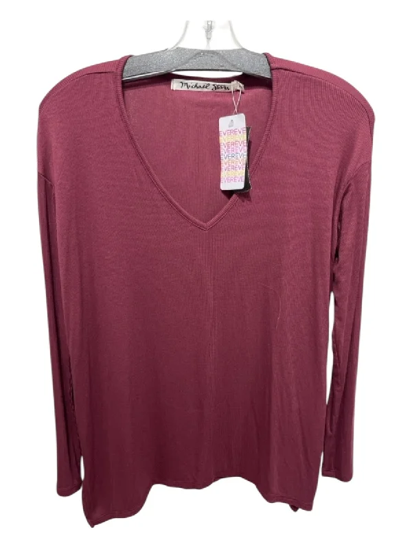 Michael Stars Size XS Burgundy Viscose V Neck Ribbed Long Sleeve Top