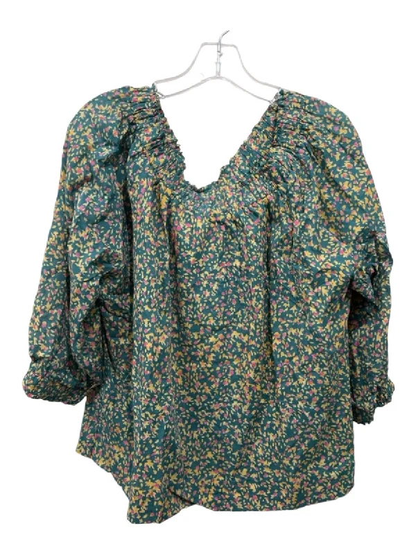 Mirth Size S Teal Green Cotton Elastic neck Abstract Floral Long Sleeve Top