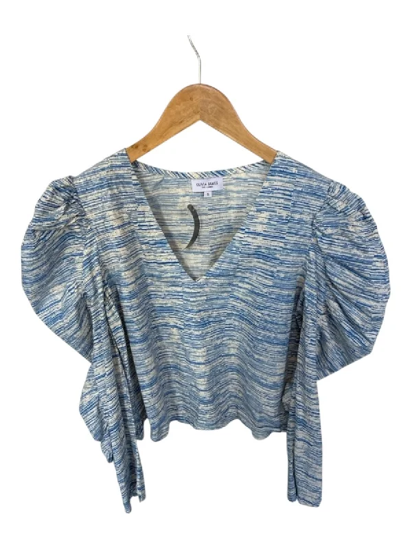 Olivia James Size S Blue & White Cotton Long Sleeve Striped V Neck Top