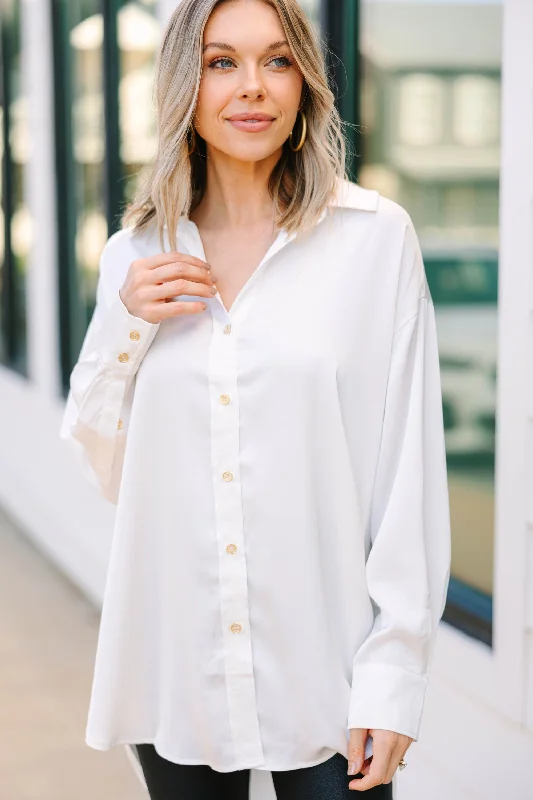 On The Agenda Off White Satin Button Down Blouse