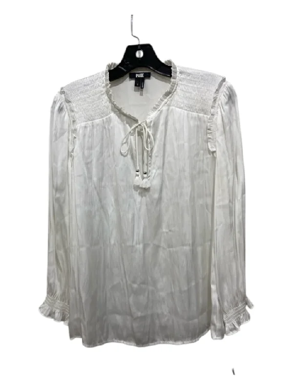 Paige Size S White Polyester Tie V Neck smocked Long Sleeve Top