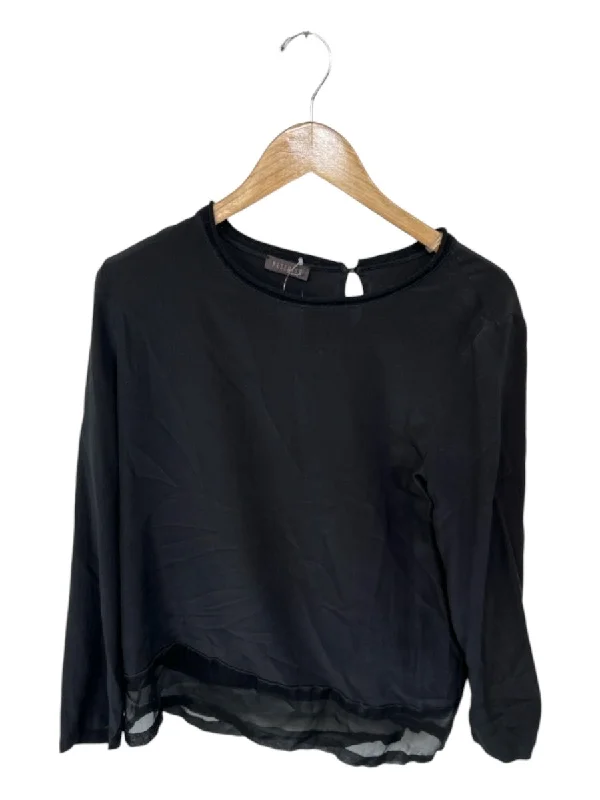 Perserico Size 46 Black Silk Long Sleeve Mesh Detail Top