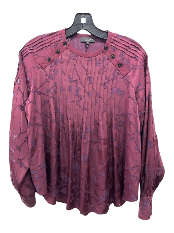 Rag & Bone Size XS Burgundy Viscose Blend Pleated Long Sleeve Sheer Floral Top