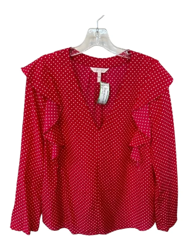 Rebecca Taylor Size 8 Red & White Silk Long Sleeve Polka Dot Ruffles Top