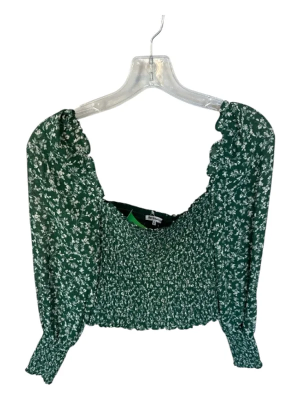 Reformation Size XS Green & White Viscose Long Sleeve Rouched Floral Cropped Top