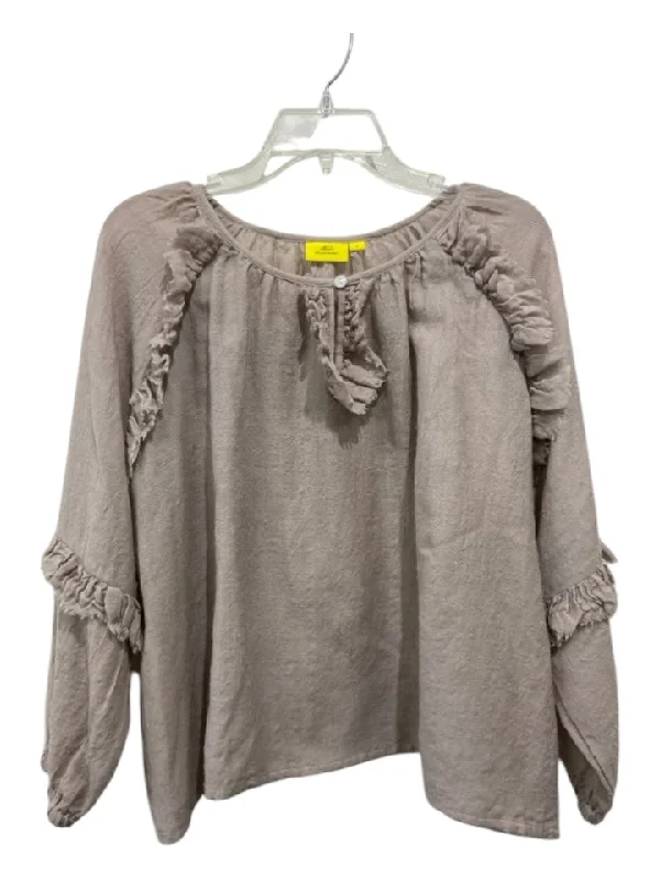 Roller Rabbit Size S Taupe Wool V Neck Raw Edge Ruffle Detail Long Sleeve Top