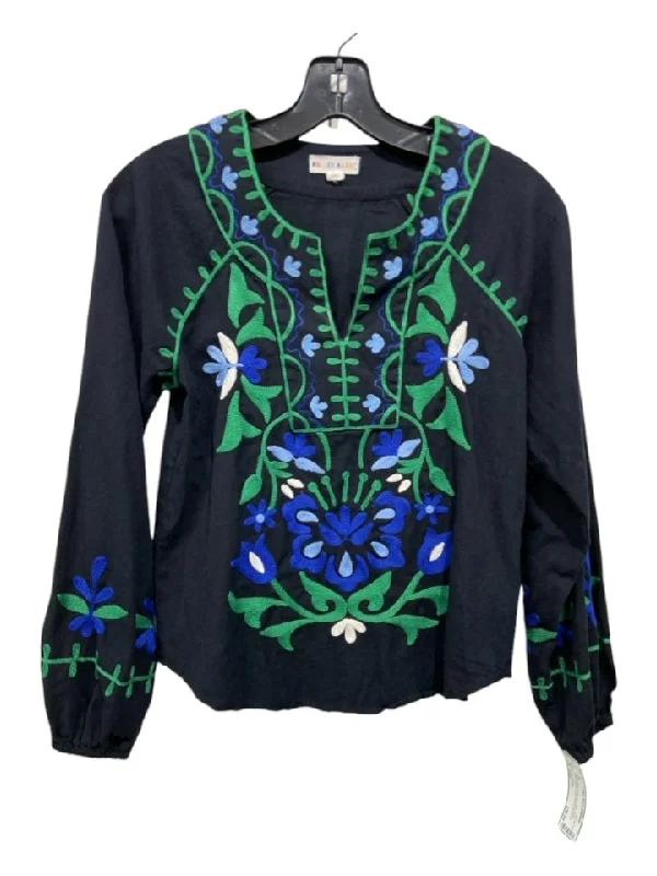 Roller Rabbit Size XXS Black, Blue & Green Cotton Floral Embroidered Top