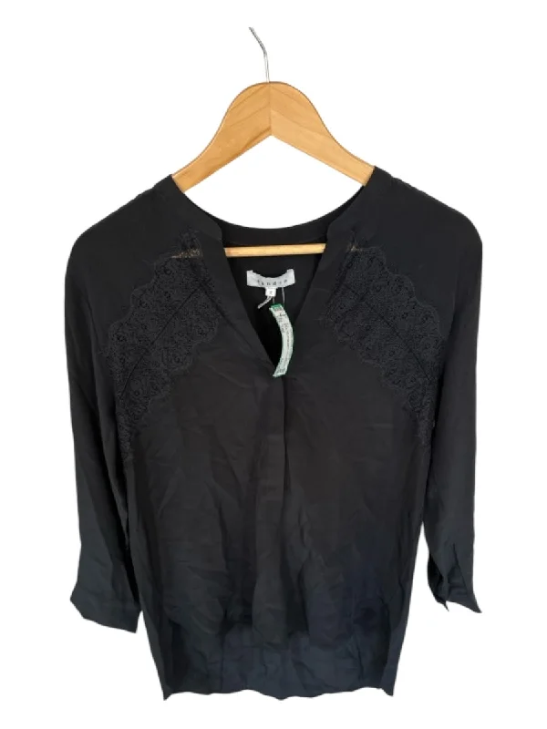 Sandro Size 2/M Black Silk Long Sleeve Lace Detail Button Down Top