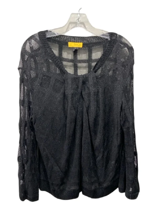 SOCA St John Size L Black Rayon Blend Sheer Long Sleeve Pleat Detail Shimmer Top