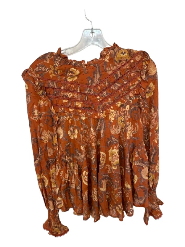 Spell & The Gypsy Size S Orange & Yellow Viscose Mock Neck Flowers Top