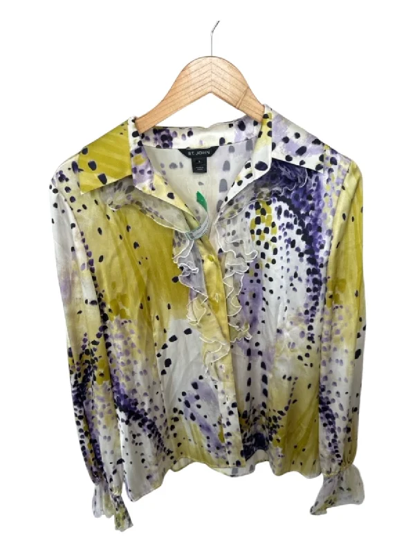 St. John Size 8 Yellow & Purple Silk Long Sleeve dots Ruffles Button Down Top