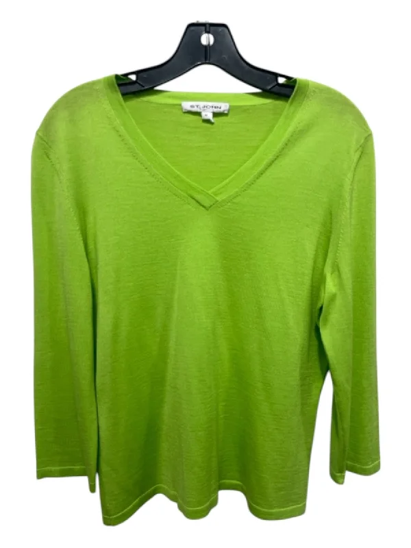 St John Size M Green Merino Wool & Silk V Neck Thin Knit Long Sleeve Top