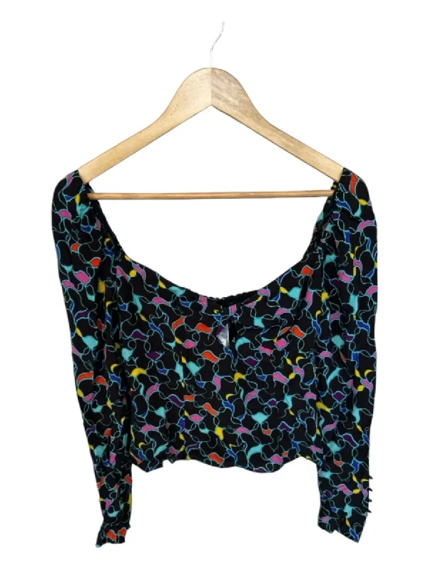 Staud Size 2 Black & Multi Rayon Blend Long Sleeve Swirls Cropped Top