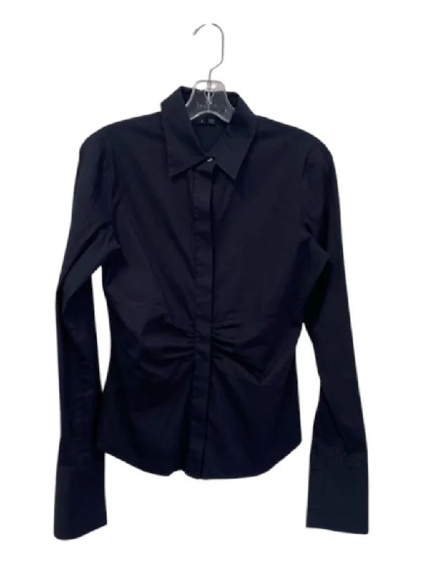 Theory Size M Black Cotton Blend Collared Long Sleeve Button Up Seam Detail Top