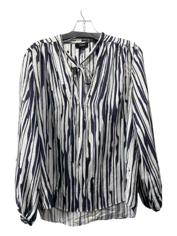 Theory Size M Navy & white Silk Vertical Stripes V Neck Long Sleeve Blouse Top