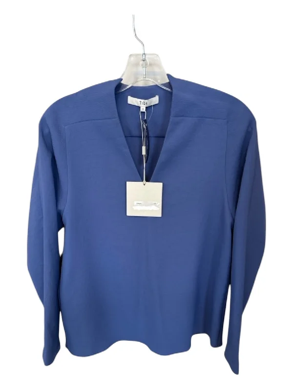 Tibi Size 0 Periwinkle Polyester Blend Long Sleeve V Neck Top