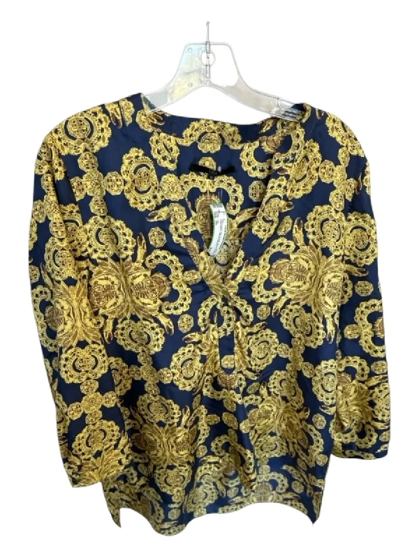 Tibi Size 10 navy & gold Silk V Neck Button Front Long Sleeve Ornate Top