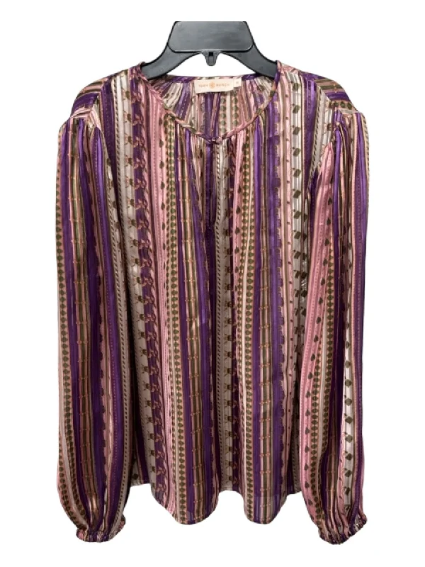 Tory Burch Size 12 Purple & Pink Print Viscose & Silk Vertical Stripes Top