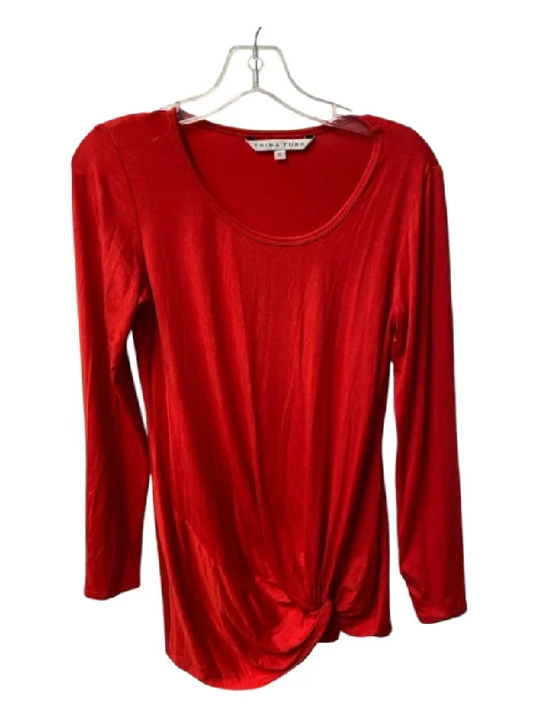 Trina Turk Size S Red Missing Fabric Boat Neck Long Sleeve Side Ruching Long Top