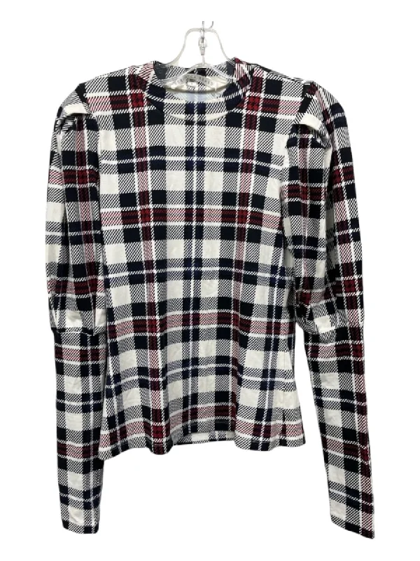 Veronica Beard Size S White, Black & Red Rayon Blend High Neck Plaid Top