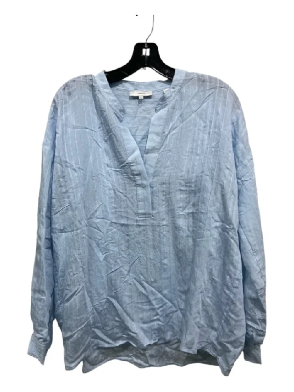 Vince Size M Light Blue Cotton & Silk Vertical Stripes V Neck Long Sleeve Top