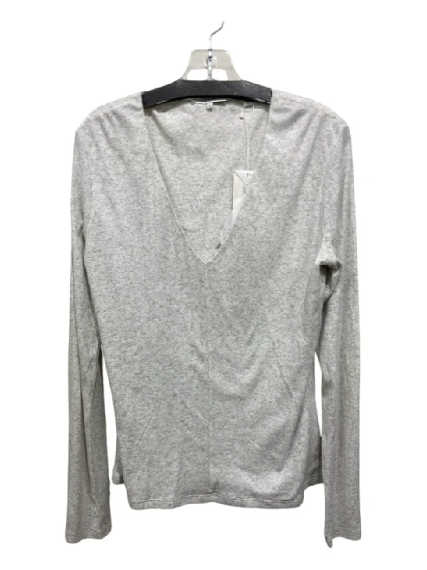 Vince Size XL Light Gray Pima Cotton V Neck Heathered Long Sleeve Top